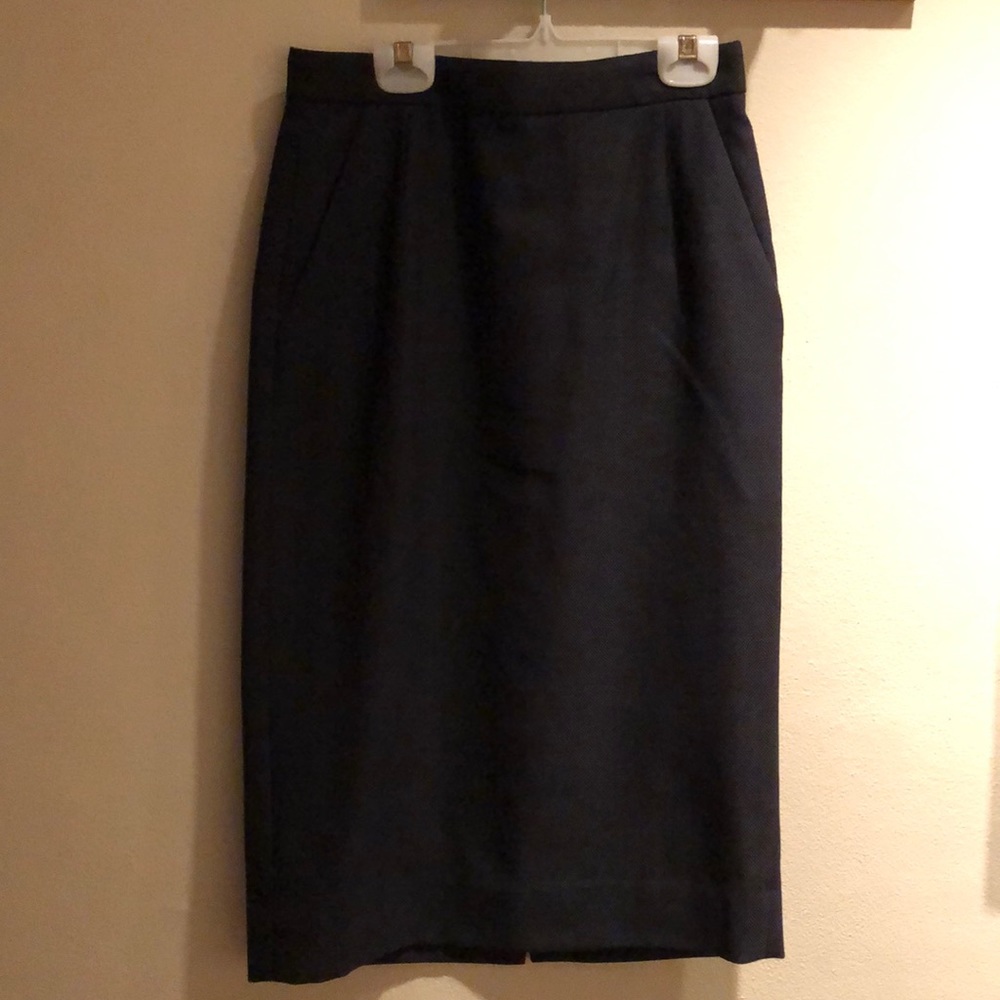 J Crew wool navy pencil midi skirt, size 0.